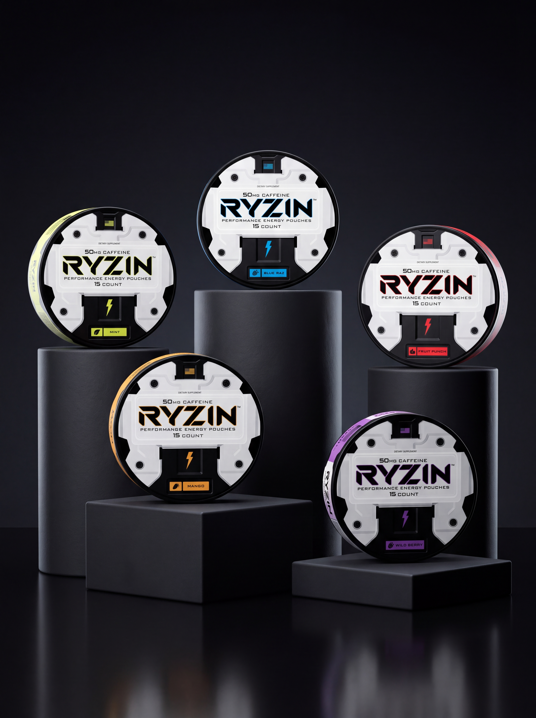 RYZIN five flavors on dark pedestals, cinematic studio